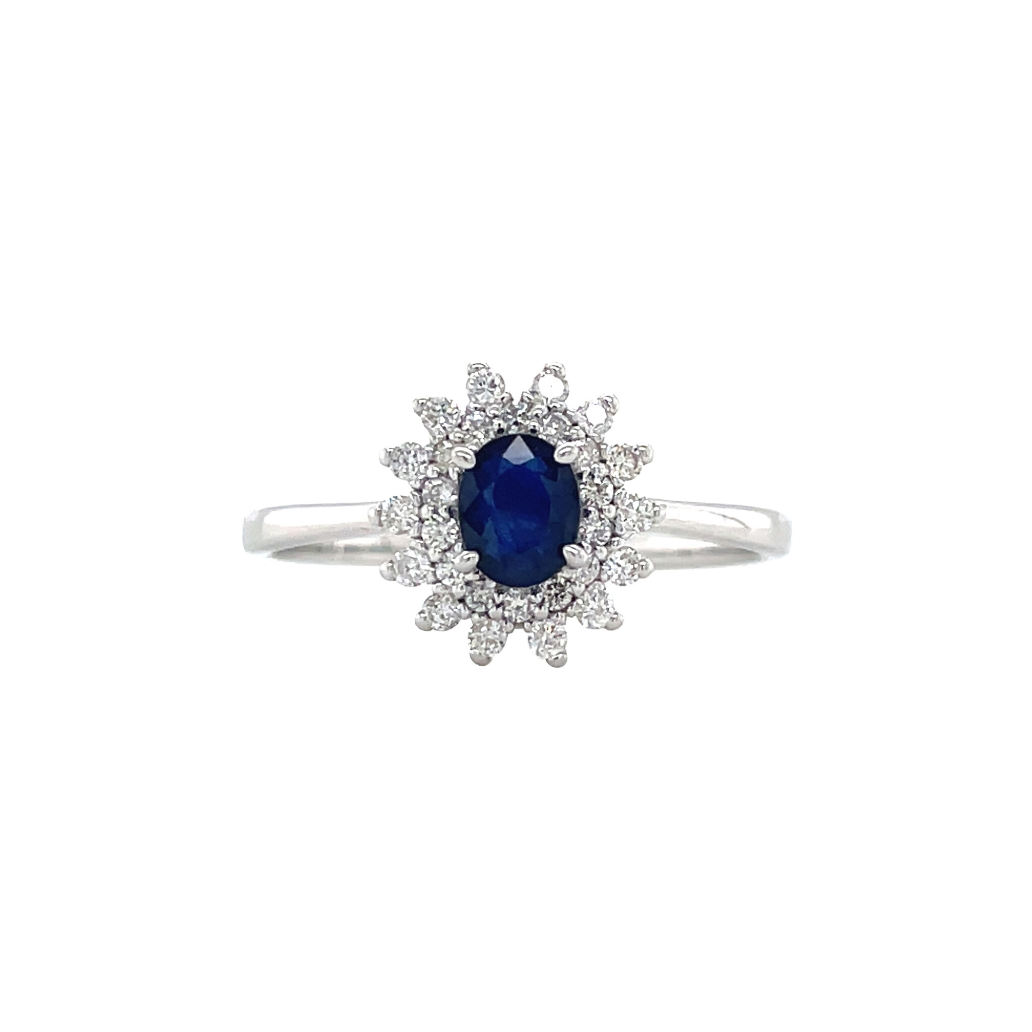 Witgouden ring met saffier en diamant 14 krt